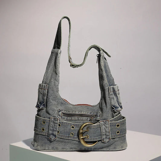 eybag Vintage Denim Washed Buckle Decor Shoulder Bags