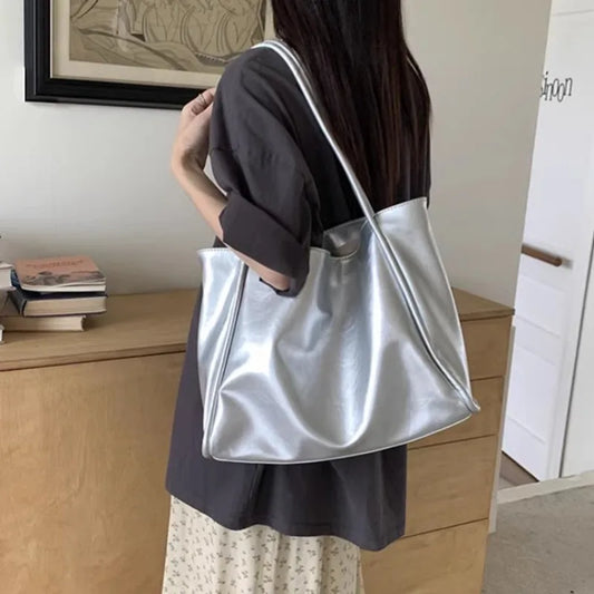 eybag Silver Fashion Womens Tote Bag Leather Summer Solid Color Casual Vintage Shoulder Bag Exquisite Harajuku Female Handbag