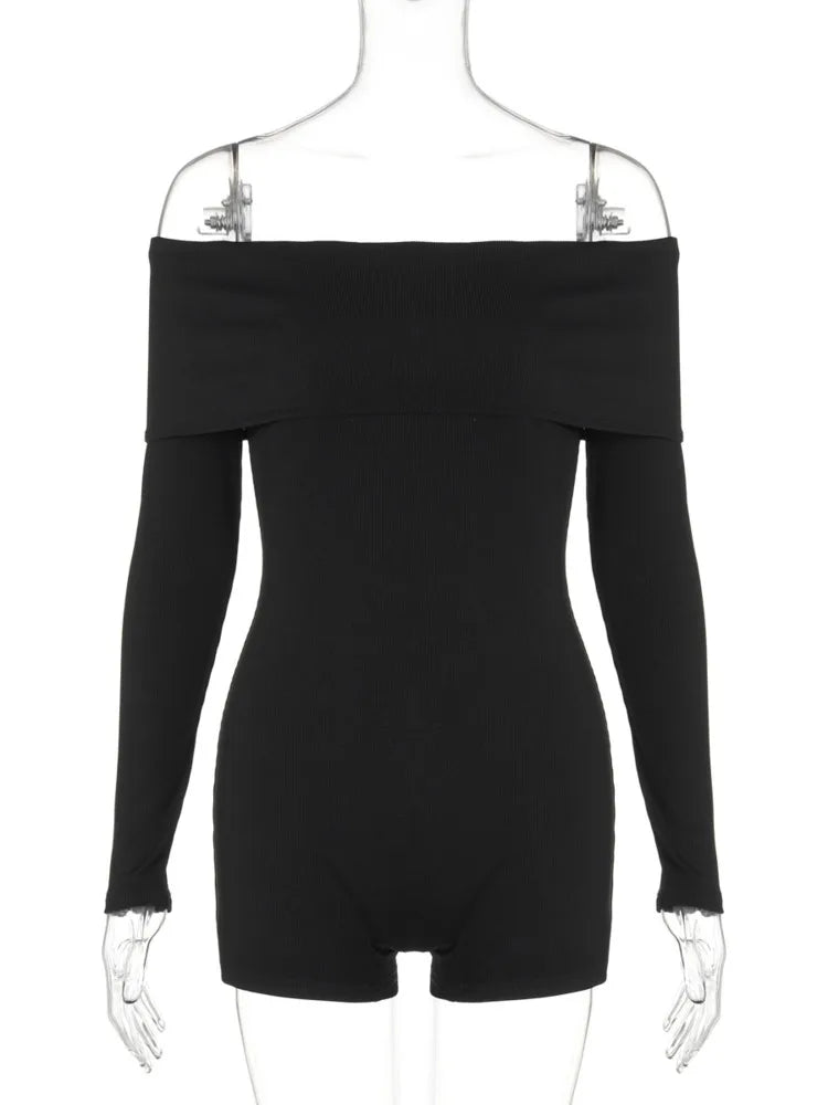 eybag Off-shoulder Long Sleeve Sexy Playsuits Women Rompers Autumn New Black Ribbed Strapless Backless Skinny Playsuits