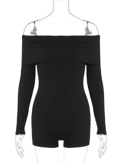 eybag Off-shoulder Long Sleeve Sexy Playsuits Women Rompers Autumn New Black Ribbed Strapless Backless Skinny Playsuits