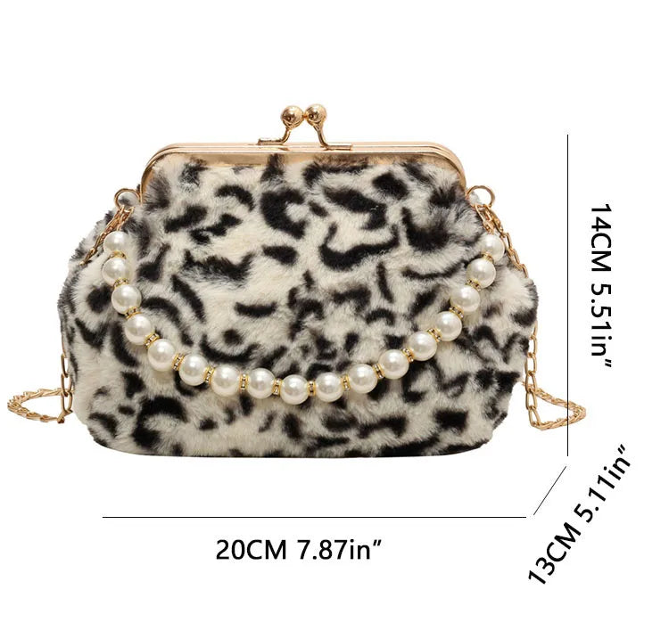 eybag Fashion Design Women's Dinner Bag Winter Plush Leopard Clutch Bag Chain Metal Clip one-shoulder Crossbody bag