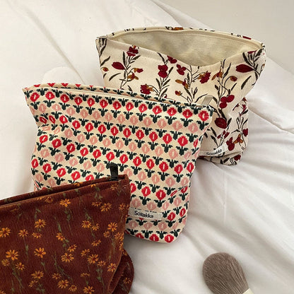 eybag Corduroy Make Up Organizer Clutch Bag Retro Flower Print Cosmetic Bag Wash Bag Women Travel Cosmetic Pouch Beauty Storage Cases