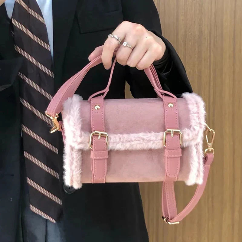 eybag Pink/Brown PU Leather Handbags Fashion Women Shoulder Bags Plush Tote INS Korean Brand Design Female Crossbody Bags Bolsa