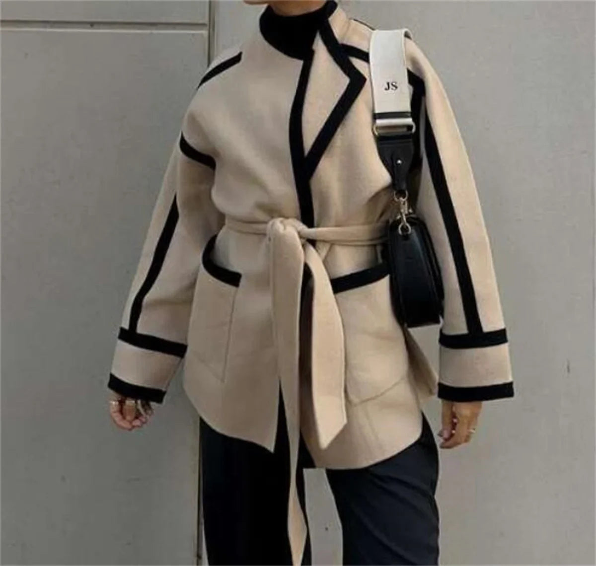 eybag Women Fashion Spliced Contrast Coats Long Sleeve Belt Pocket Decorate 2024 Autumn Winter New In Jacket  Lady Mid-length Outwear