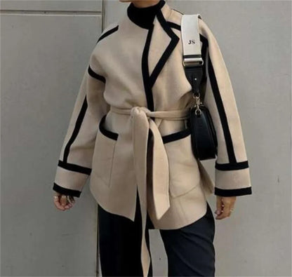 eybag Women Fashion Spliced Contrast Coats Long Sleeve Belt Pocket Decorate 2024 Autumn Winter New In Jacket  Lady Mid-length Outwear