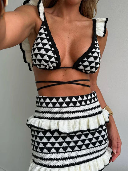 eybag Fashion Striped Knitted Ruffle Beach Bikini Skirt Sets Women Sexy Vest Strap Slim Bohemian Outfits Holiday Vacation 2 Piece Sets