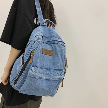 eybag Multi Pocket Fashion Denim Women Backpack Male Female Laptop College Backpack Trendy Cool Girl Kawaii Travel Student School Bag