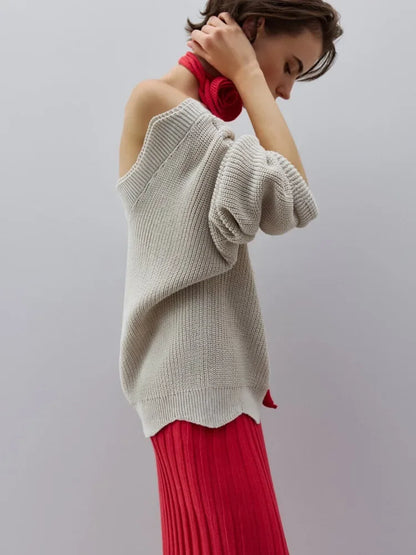 eybag Elegant Red Backless Sweater for Women Sexy Cut Out Long Sleeve Knitted Pullovers Fall Winter Casual Loose-fit Knitwear 2024