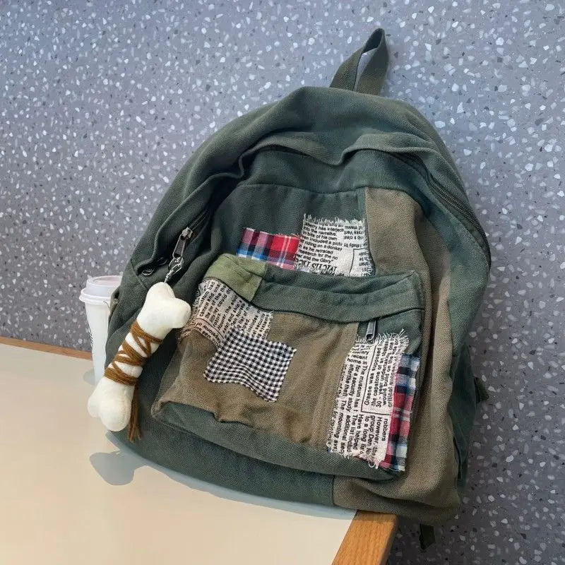 eybag Japanese Vintage Grunge Canvas Bags Y2k Simple Students School Backpacks Casual All Match Patchwork Pendant Aesthetic Mochila