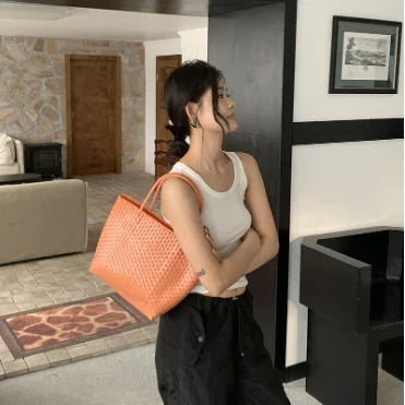 eybag Ins Solid Woven Beach Bag Large Capacity Vacation Travel Picnic   Outdoor Women Shoulder Bag Woven Storage Vegetable Basket