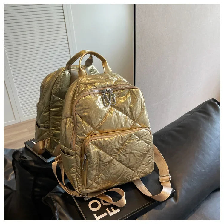 eybag Fashionable Space Pad Cotton Women Backpack Gold Solid Color School Bag Women Sports Backpack Women Nylon Pad Bag