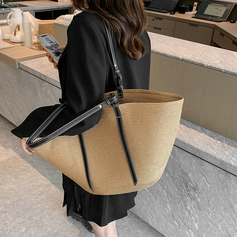 eybag Casual Handmade Straw Bag Portable Shoulder Tote Ladies Holiday Beach Large Capacity Woven Handbag New Women Braided Basket Bag