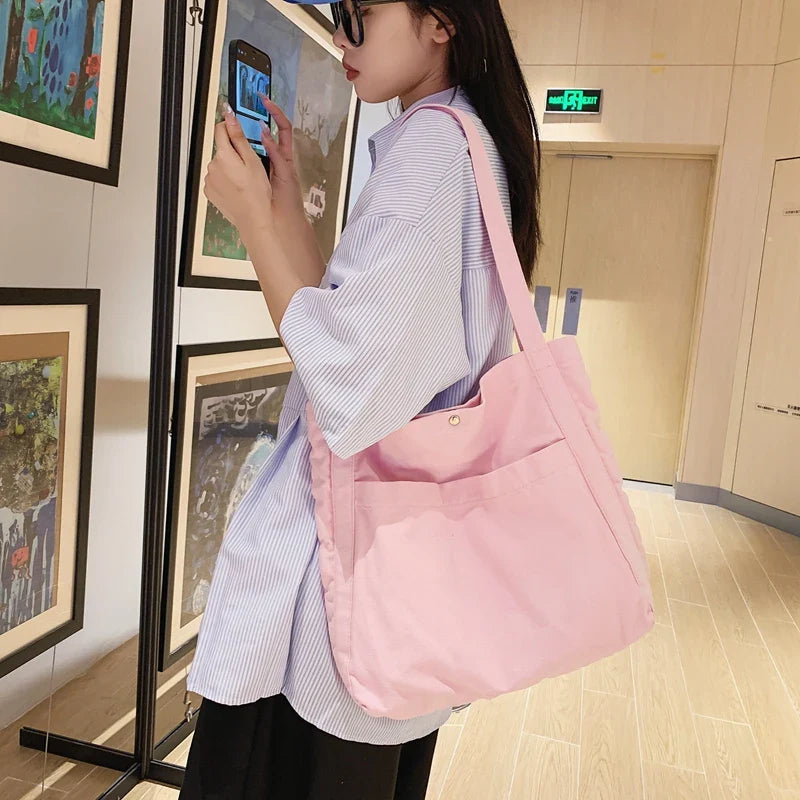 Lkblock Large Capacity Canvas Casual Tote For Women Fashion Canvas Women Shoulder Bags Solid Color Daily Shopping Bags Student Schoolbag