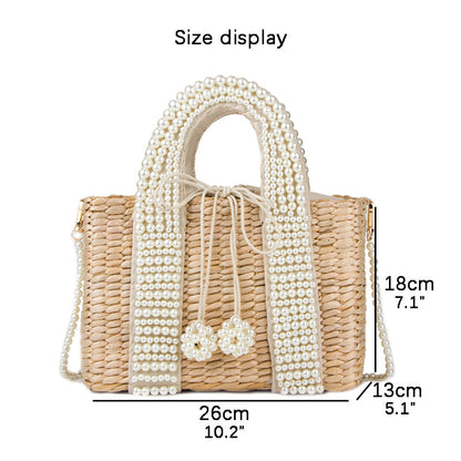 Lkblock Hand Woven Straw Beach Bags for Women 2022 Summer Luxury Designer Handbag with Pearls Drawstring Chain Shoulder Tote Bags