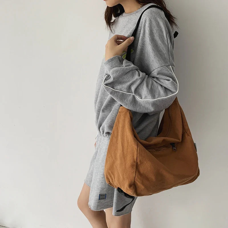 eybag Canvas Women Shoulder Bag Large Capacity Ladies Shopping Bags Casual Crossbody Bags Solid Color Student Messenger Bag