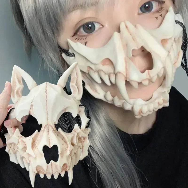 -Halloween Custom Party Skull Mask Long Teeth Demon Skeleton Half Face Mask Wolf Dragon Tiger Houjuu Nue Mask Cosplay Halloween Costume Props