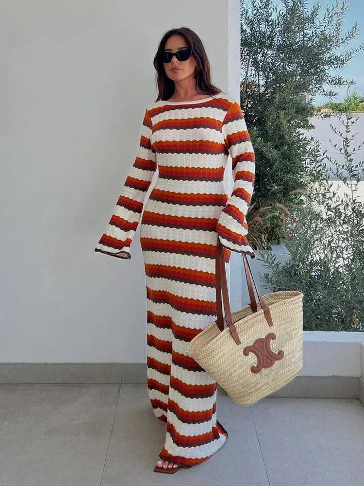 eybag Summer Hollow Out Knitted Beach Dress for Women Elegant Fashion Striped Maxi Dress 2024 Sexy Long Sleeve Holidays Party Dress