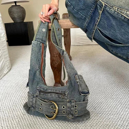 eybag Trendy Women Vintage Denim Punk Shoulder Bag Y2k Streetwear Grunge Handbag Cool Girls Retro Gothic Casual Underarm Bags