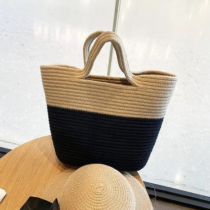 eybag Summer Woven Straw Handbag Women Contrast Color Cotton Rope Beach Bag Travel Large Capacity Tote Shopping Handle Bags