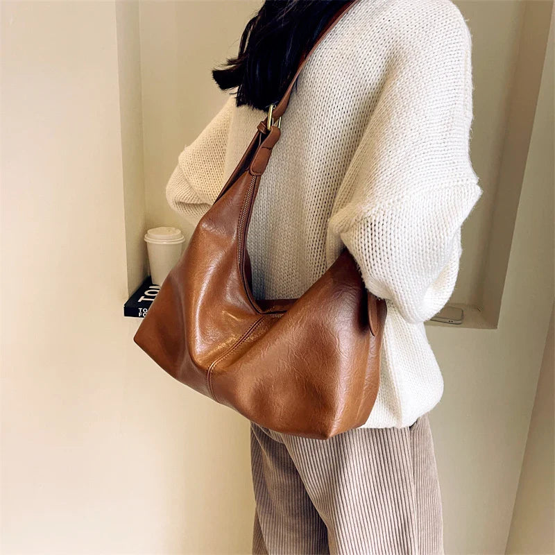 eybag Women's Vintage Design Hobo Bags Large Capacity Crossbody Shoulder Bag For Ladies Casual Solid Genuine Cowhide Half Moon Bags