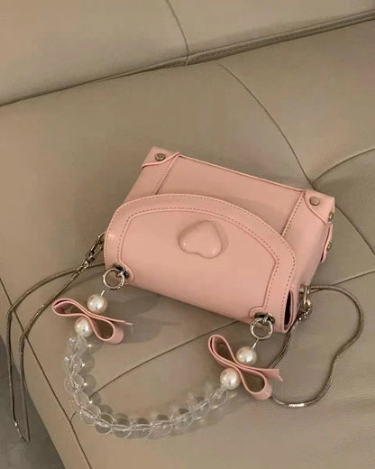 eybag Sweet Pink Messenger Bag Women Fairycore Aesthetic Handle Pearl Chain Crossbody Bags Ladies Harajuku Heart Y2k Hand Bag