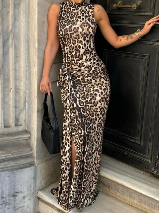 eybag Woman Elegant Leopard Print Bandage Long Dress 2024 Summer Sexy O-neck Sleeveless Tunics Bodycon Slit Evening Party Dresses