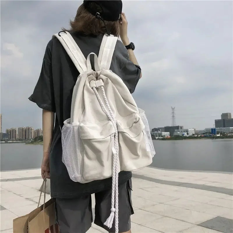 eybag Korean Versatile Retro Drawstring Backpack Canvas Casual Large Capacity Student Schoolbag Women's Shoulder Bag Universal Bag