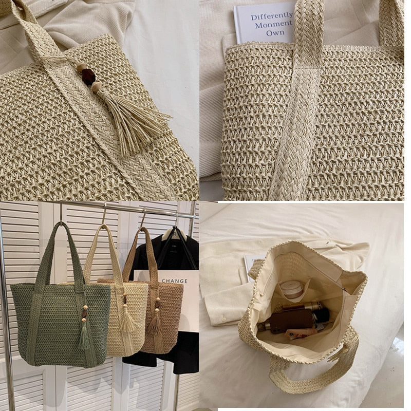 eybag 2023 Straw Braided Bag Hand-woven Simple Handbag Holiday Beach Shoulder Bag Casual Trend Women Large Capacity Tote Shopping Bags