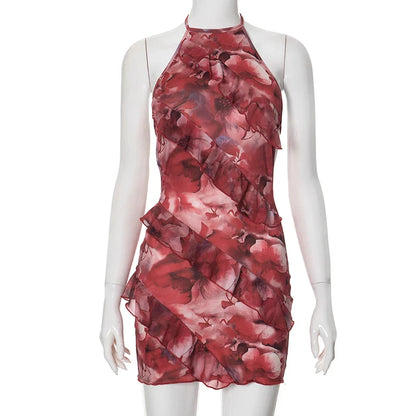 eybag Floral Printing Ruffles Mini Dress Women Sexy Halter Backless Body-Shaping Vacation Dresses 2024 Summer Holiday