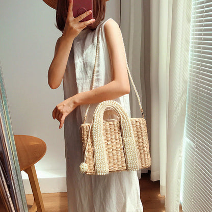 Lkblock Hand Woven Straw Beach Bags for Women 2022 Summer Luxury Designer Handbag with Pearls Drawstring Chain Shoulder Tote Bags