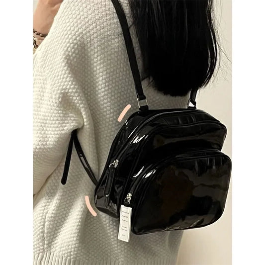 eybag Fashion Trend PU Leather Black Glossy Backpack Sweet Cute Backpack Casual Versatile Street Popular Solid Color Mini Backpacks