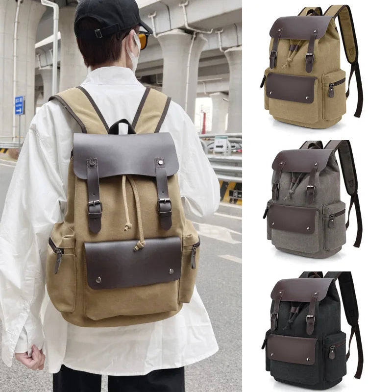 eybag Men Retro Canvas Shoulders Backpack Business Casual Laptop Backpack Large Capacity Waterproof Travel Backpack Student Schoolbag