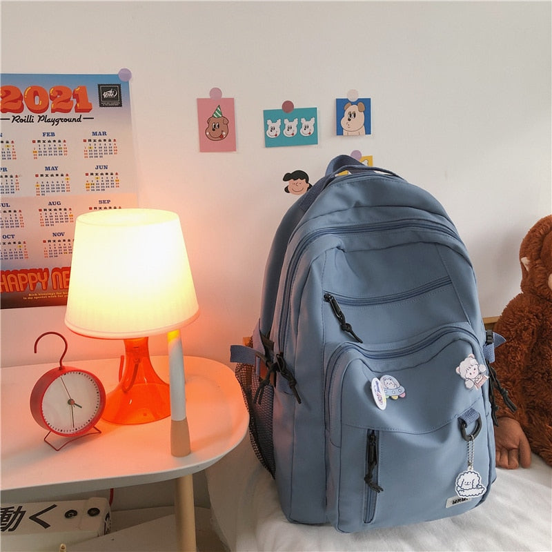 eybag College Girl School Bag Fashion Women Backpack Men Cool Nylon Travel Backpack Femlae Big Schoolbag Multi-pocket Badge Bookbag