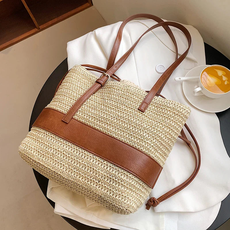 eybag Summer Straw Bag For Women Woven Handmade Handbag Large Capacity Lady Tote Vacation Beach Bag Rattan Shoulder Bag splicing Totes