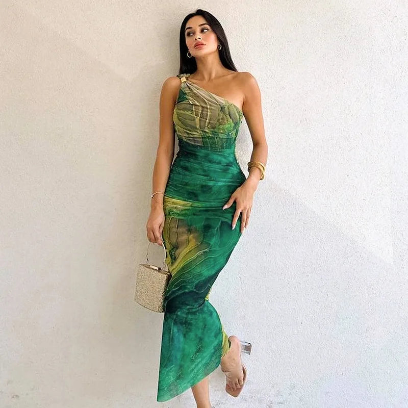 eybag Green Print Long Dress Women Fashion One Shoulder Slim Evening Party Dresses Summer Sexy Backless Ruched Maxi Dress 2024