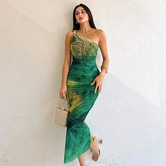 eybag Green Print Long Dress Women Fashion One Shoulder Slim Evening Party Dresses Summer Sexy Backless Ruched Maxi Dress 2024