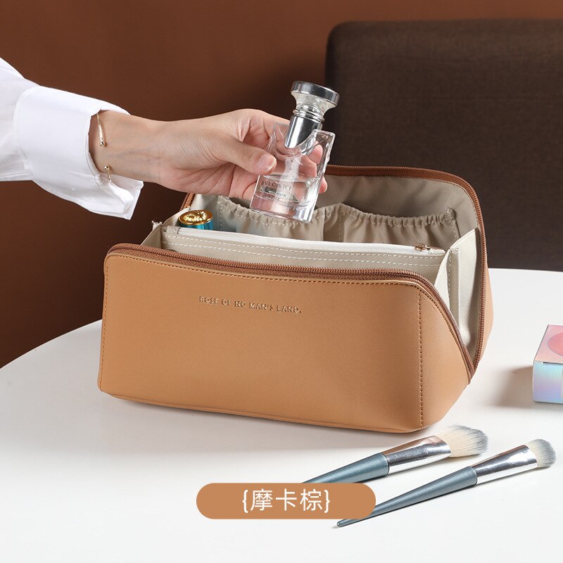 Lkblock Large Leather Women Cosmetic Bag Toiletry Storage Organize Multifunction Portable Handbag Waterproof Female Makeup Case