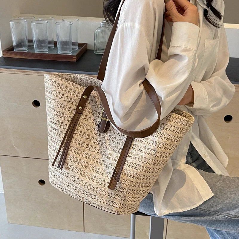 eybag Casual Large Capacity Straw Bags Summer Beach Bag Big Shoulder Bags For Women 2024 Female Beach Basket Handbags Purses woven bag