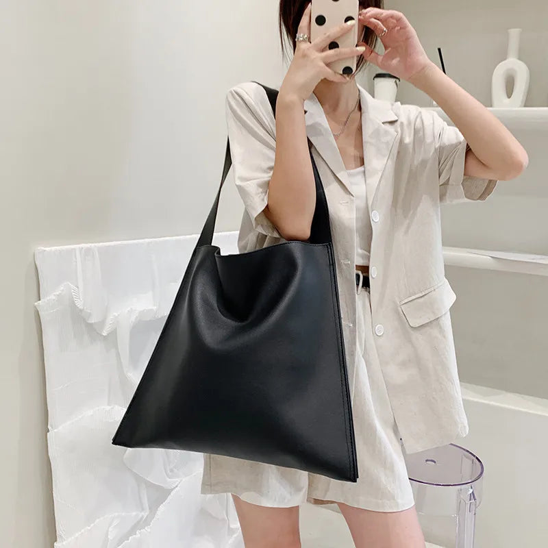 Lkblock Korean Large Capacity Handbag for Women's New Fashion Texture Soft Leather Shoulder Bags Simple Casual Shopping Totes