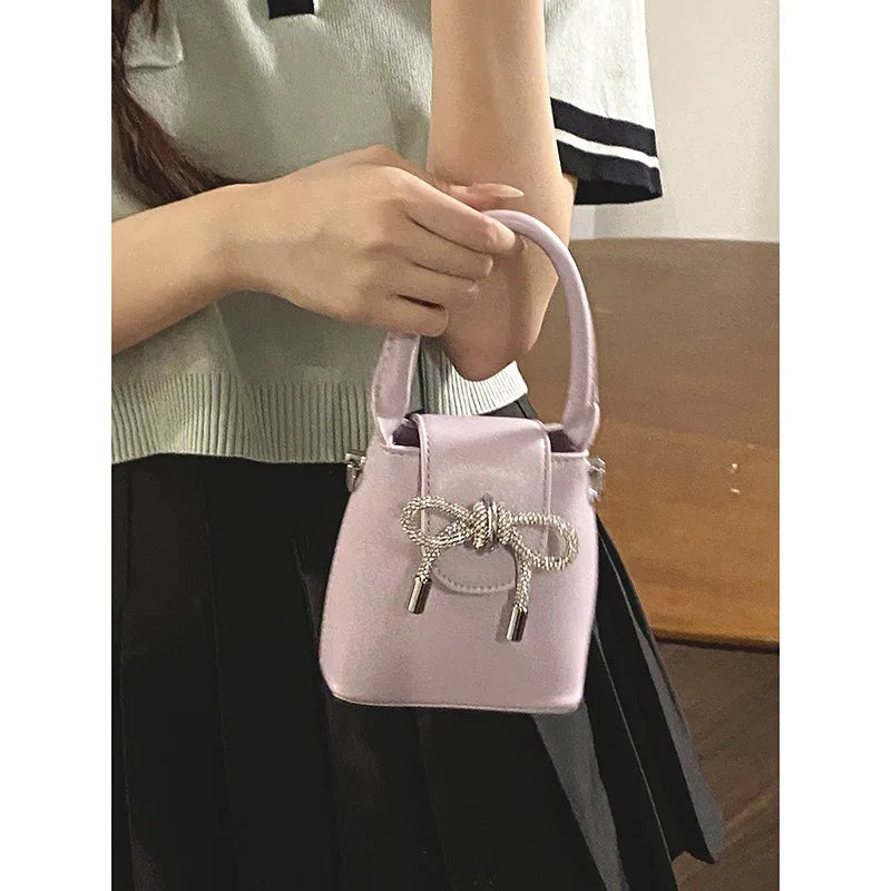 eybag Sweet Bow Womens Handbag Cute Pink Korean Fashion Small Leather Crossbody Bag Chains Ladies Elegant Fashion Evening Bag