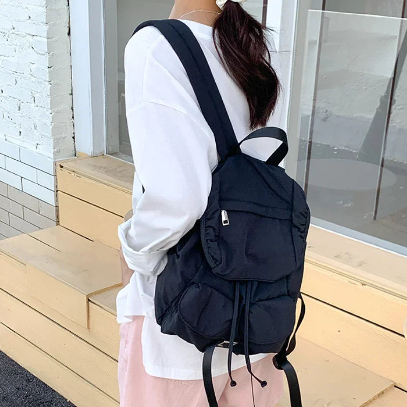 eybag Bright Color Vigorous Backpack Women Student Large Capacity Ruched Nylon School Bag Solid Color Easy Designed Flap String Bag