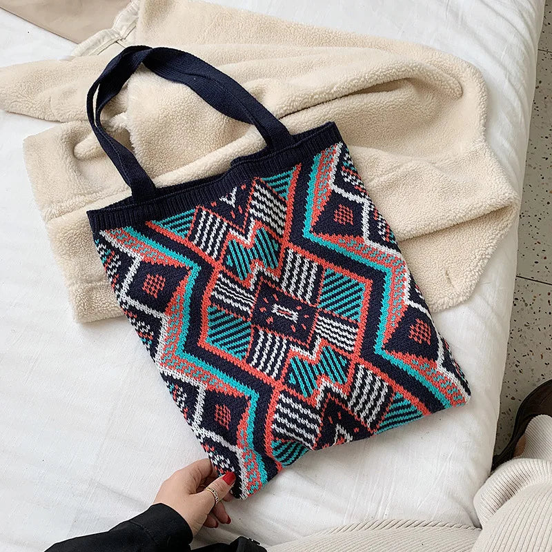 eybag Ethnic Wind Stretch Knitting Bag Geometric Weaving Retro Handbag Casual Shopping Bag Large Capacity Women Backpack Cosmetic Bag