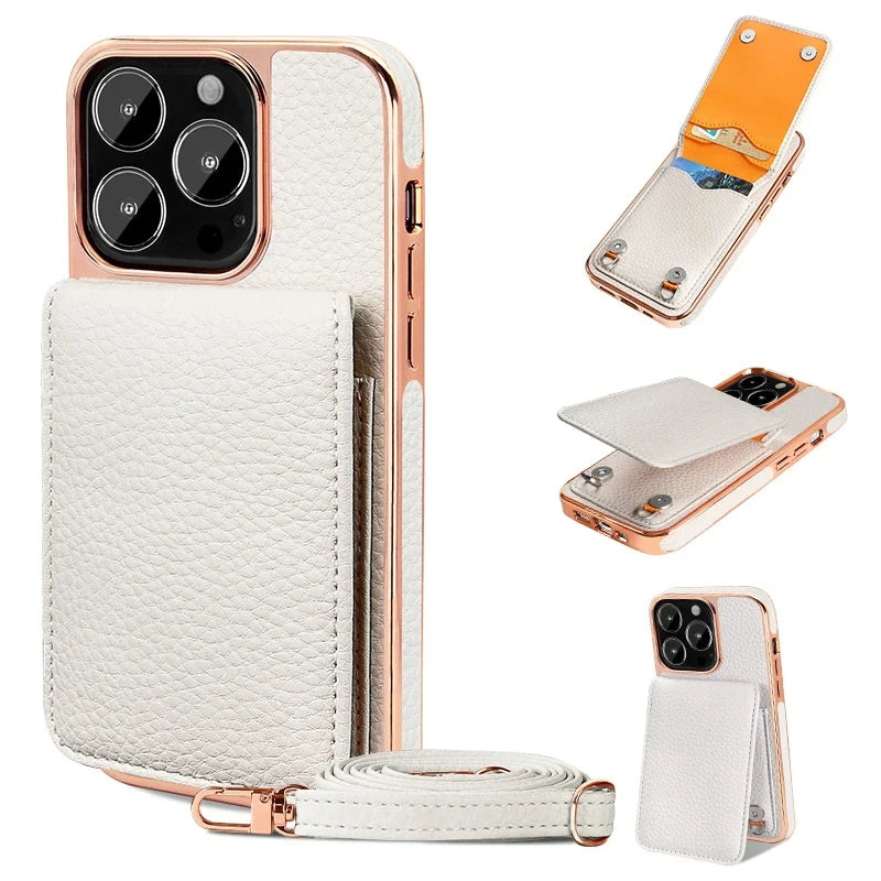 eybag Crossbody Card Slot Holder Phone Case For iphone 15 14 Plus 13 Pro Max Necklace Strap Lanyard Cord Leather Electroplated Cover