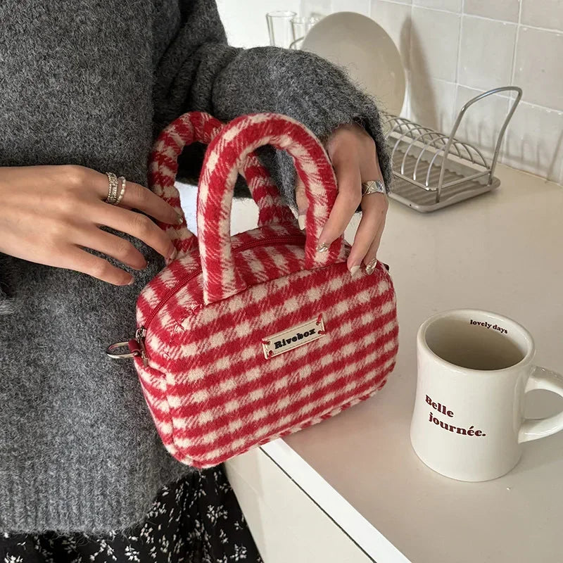 eybag Vintage Cute Handbag for Women Red Plaid Letter Soft Kawaii Crossbody Bag Autumn Winter New Luxury Designers Shoulder Bag