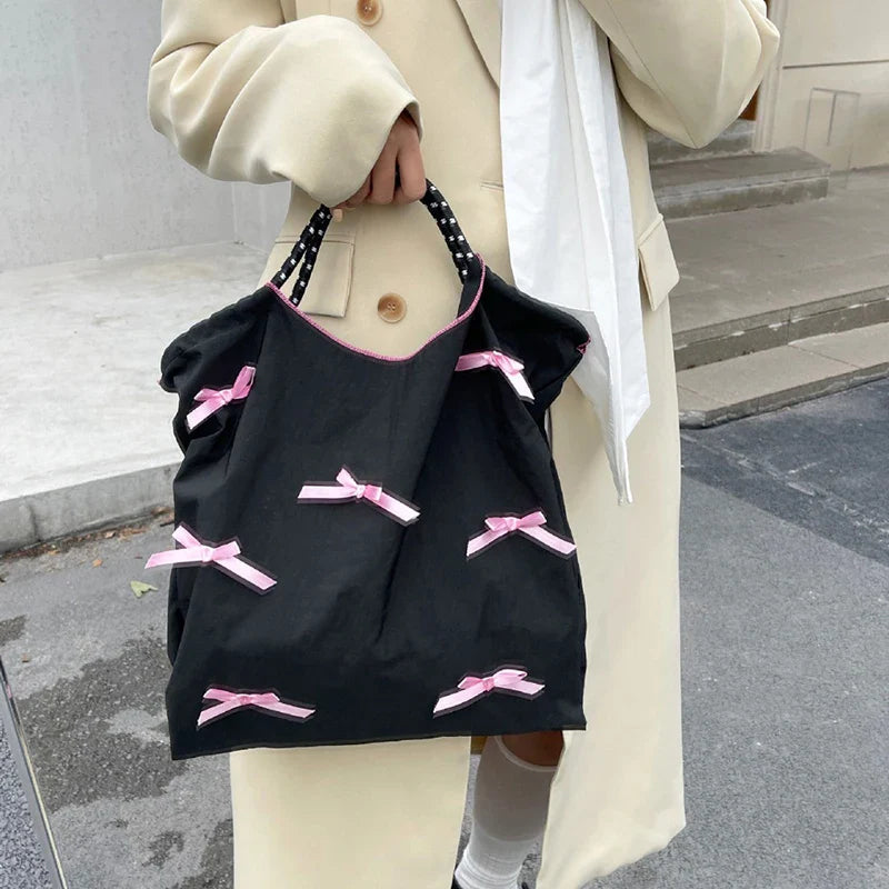 eybag Y2k Bow Knot Handbag Kawaii Shopping Large Capacity Tote Girl Sweet BowPouch Korean Black Pink Bag Women Valentine's Day Gift