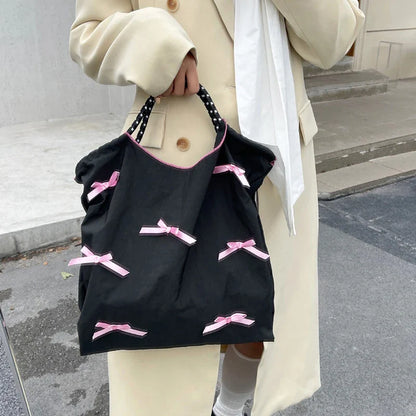 eybag Y2k Bow Knot Handbag Kawaii Shopping Large Capacity Tote Girl Sweet BowPouch Korean Black Pink Bag Women Valentine's Day Gift