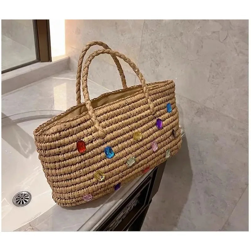 Lkblock Luxury diamond Straw Woven Tote Bags Summer Casual Large Capacity Handbags Fashion Beach Women Shoulder Simple Style Shopping