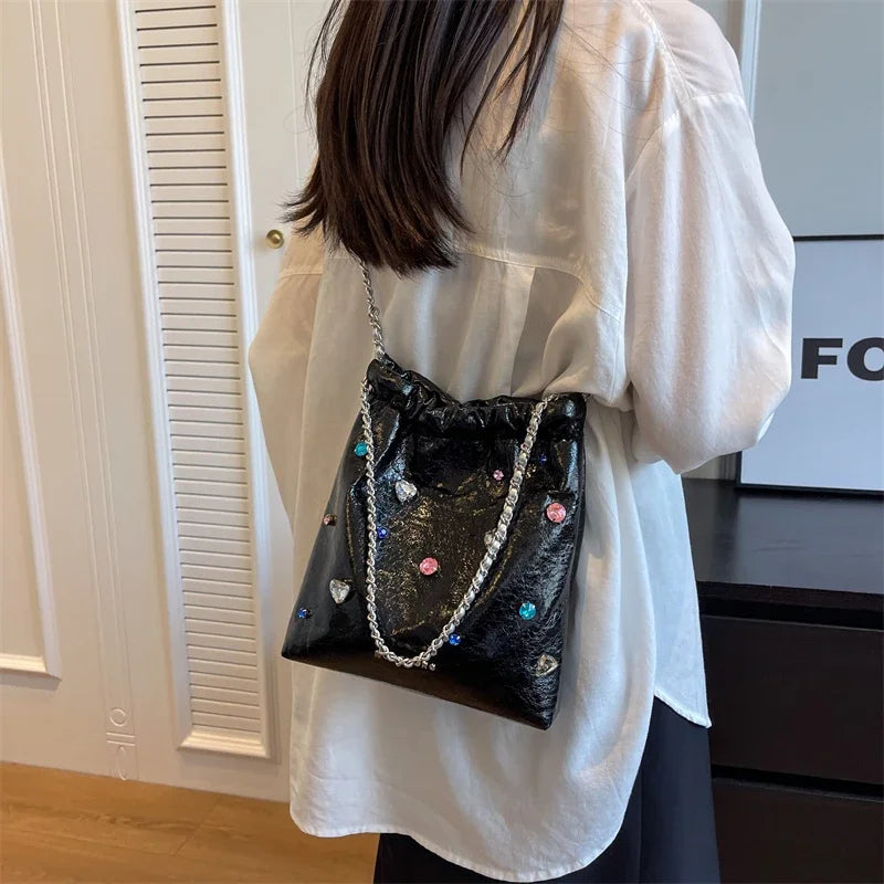 eybag Solid PU Silver Elastic Band Shoulder Bags Large Capacity High Quality Chains Handbags for Women 2024 Fashion Commuting