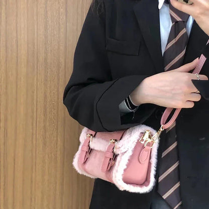 eybag Pink/Brown PU Leather Handbags Fashion Women Shoulder Bags Plush Tote INS Korean Brand Design Female Crossbody Bags Bolsa