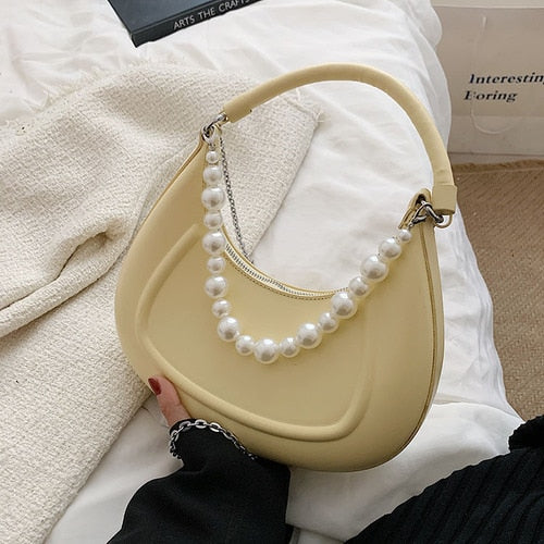 eybag Kawaii Tote PU Leather Half Moon Armpit Bag with Pearl Short Handle 2022 Women's Designer Handbag Luxury Shoulder Crossbody Bag